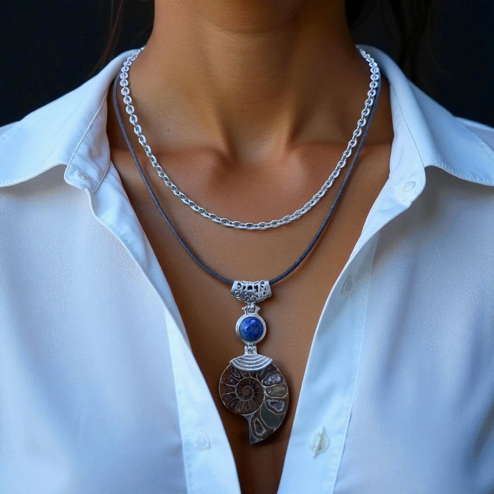 Artisan Ammonite and Blue Gemstone Two Layer Pendant Necklace